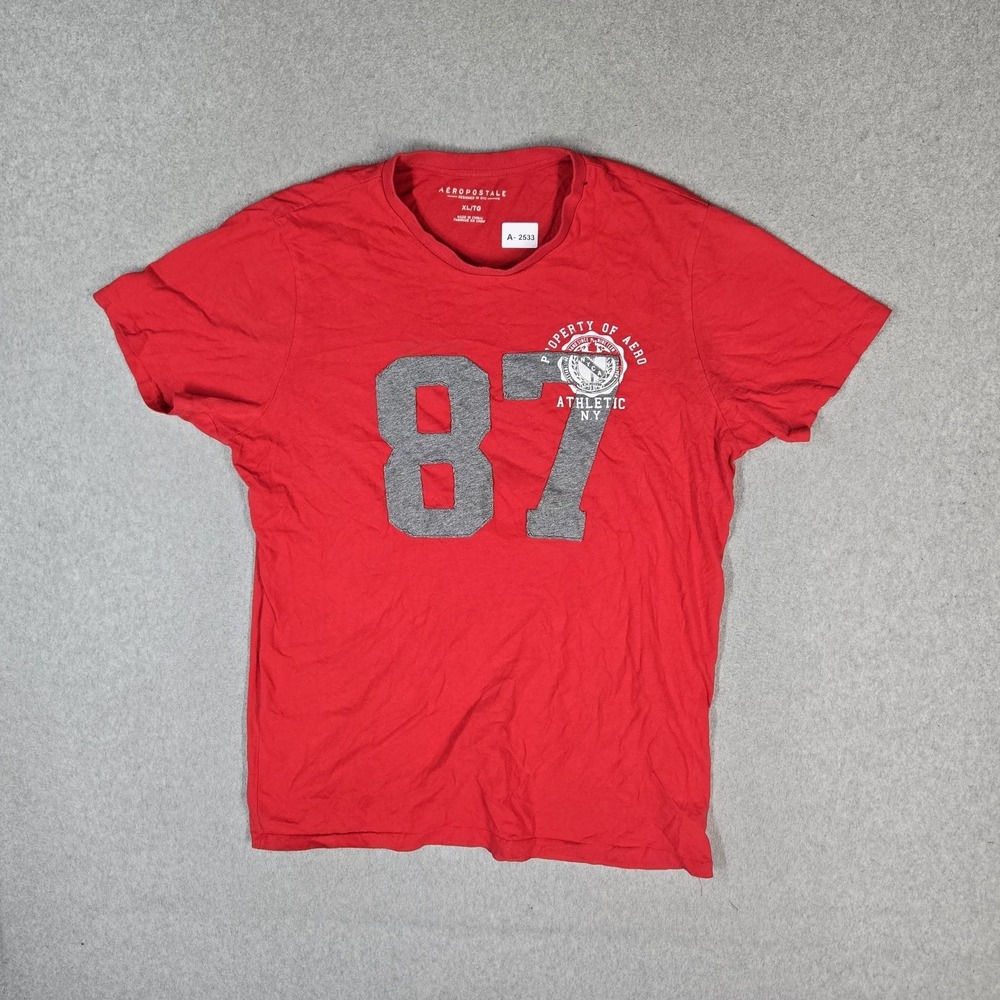 Aeropostale Men Shirt XL Red Logo Graphic Print Patch Short Sleeve Preppy